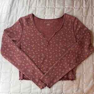 American Eagle Outfitters Mauve Floral Ribbed Long-Sleeve Top